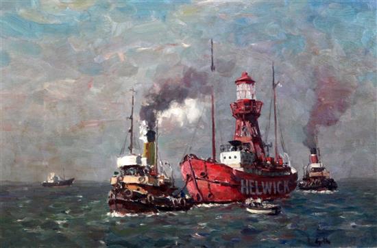 Gyrth Russell (1892-1970) Docking the light ship, Cardiff 20 x 30in.